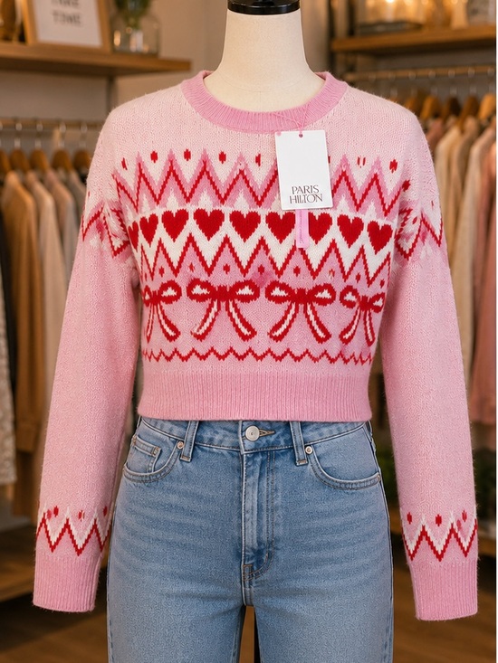 Paris Hilton Sweaters - Paris Hilton Pink Heart Bows Long Sleeve Women's Sweater size Small New